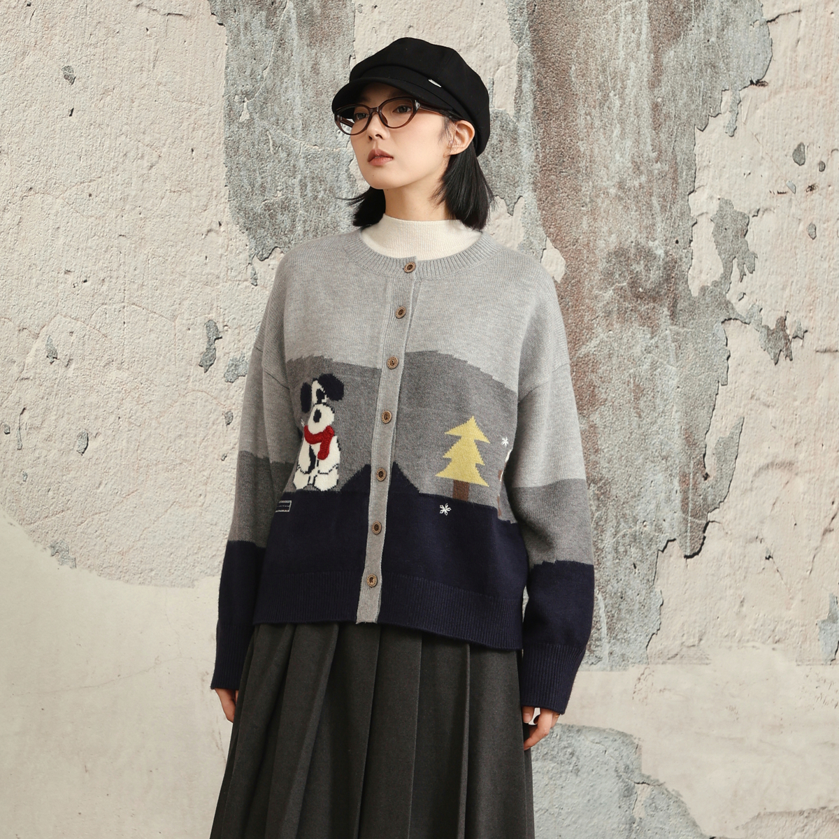 西町村屋韩系开衫女装2025冬新款趣味农场小狗绣花外套CAAD10579