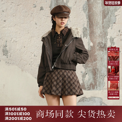 西町村屋休闲感外套女装2025冬季新款毛绒翻领短款上衣XAAD10696