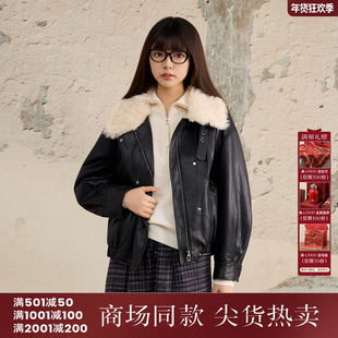 西町村屋复古感皮衣外套女装2025冬季新款潮流毛领上衣XHAD10568