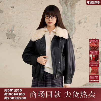 西町村屋复古感皮衣外套女装2025冬季新款潮流毛领上衣XHAD10568