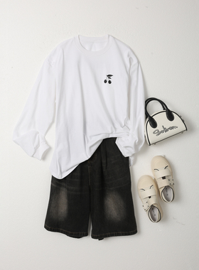 西町村屋休闲简约樱桃T恤女秋季新款宽松长袖百搭上衣XH9C10141