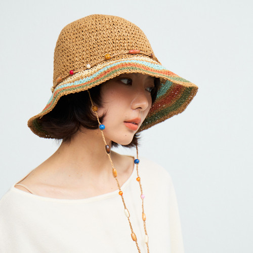 西町村屋夏日草编渔夫帽女新款度假风撞色条纹百搭草帽XABB60018