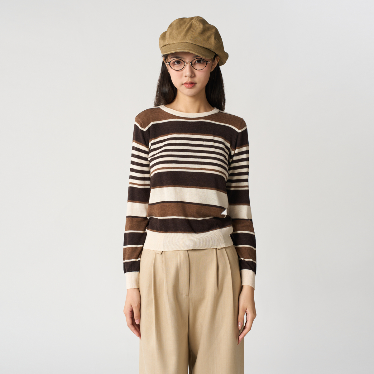 西町村屋针织衫女秋季新款文艺休闲感气质条纹针织上衣HC8112927