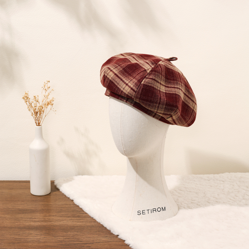 西町村屋复古感贝雷帽女秋冬季新款英伦风格子时装帽子XHAD60086