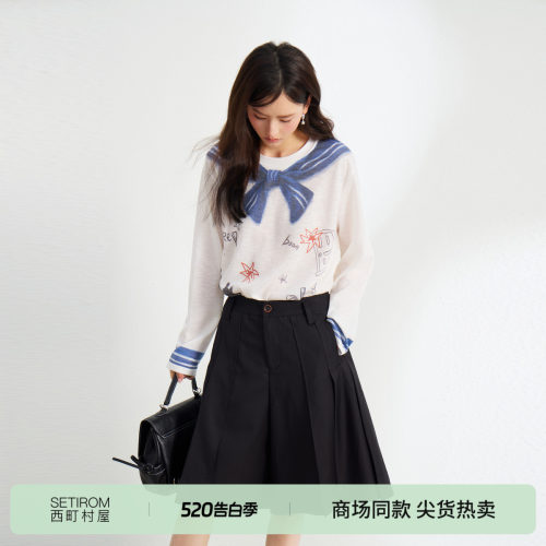西町村屋休闲感印花T恤女2026夏新款百搭可爱风长袖上衣XHBB10106