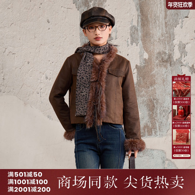 西町村屋复古感外套女装2025冬季新款毛条拼接短款上衣XAAD10593