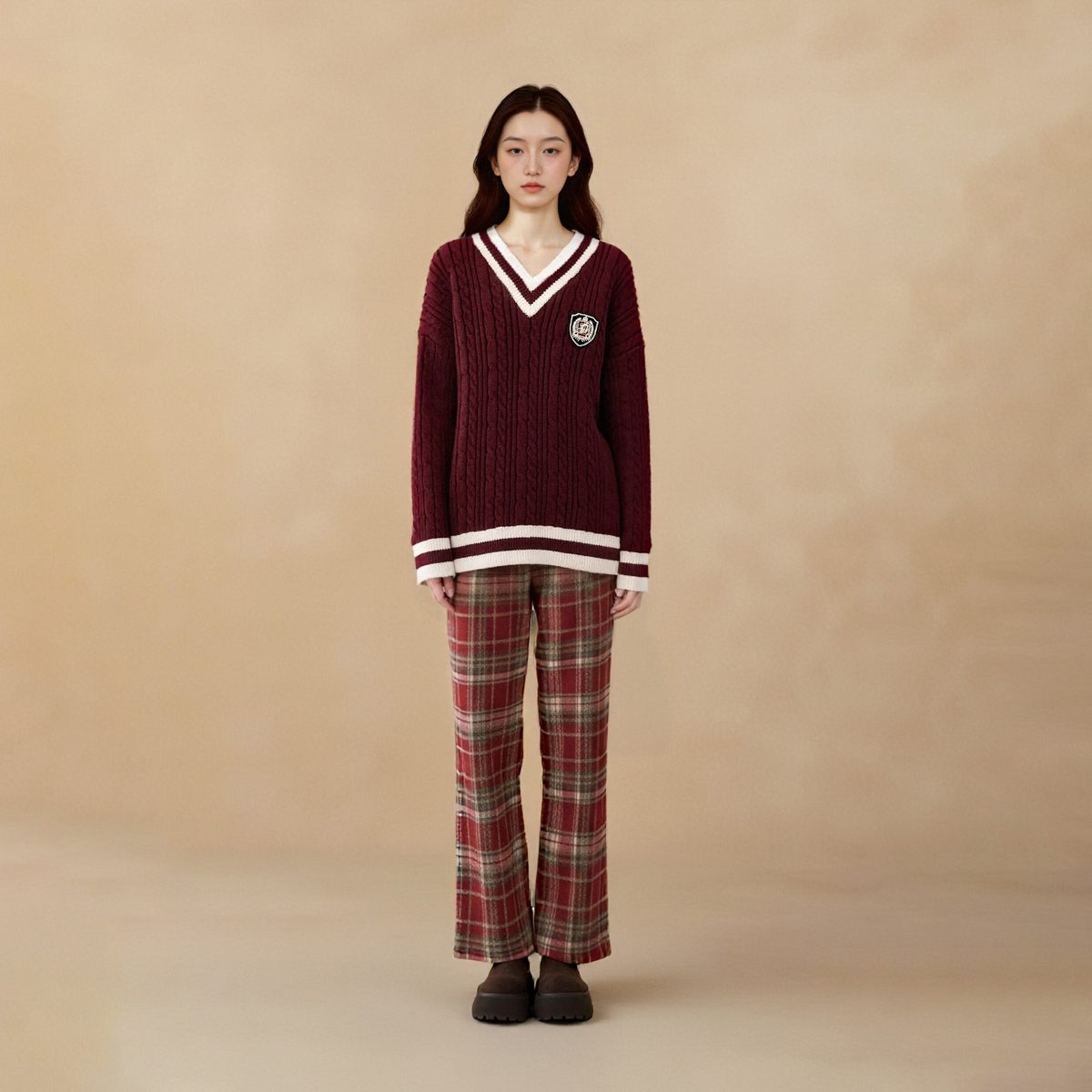 西町村屋休闲感阔腿裤女装冬季新款格纹复古风百搭裤子HD8303008