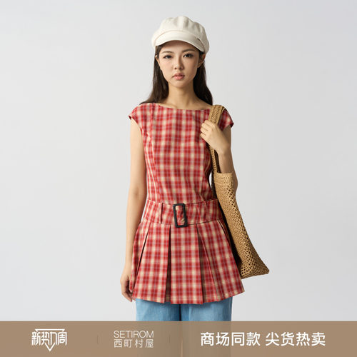 西町村屋韩系圆领连衣裙女装夏季新款复古无袖短款裙子XAAB10675