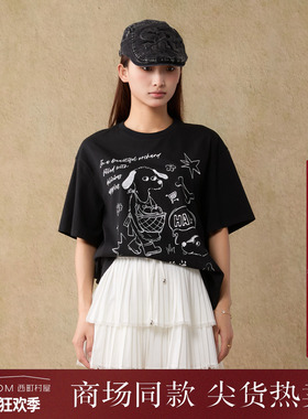 西町村屋趣味小狗线描印花T恤女装夏季新款休闲短袖上衣CAAB10009