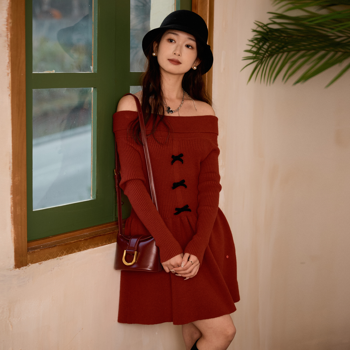 西町村屋小香风气质红色连衣裙