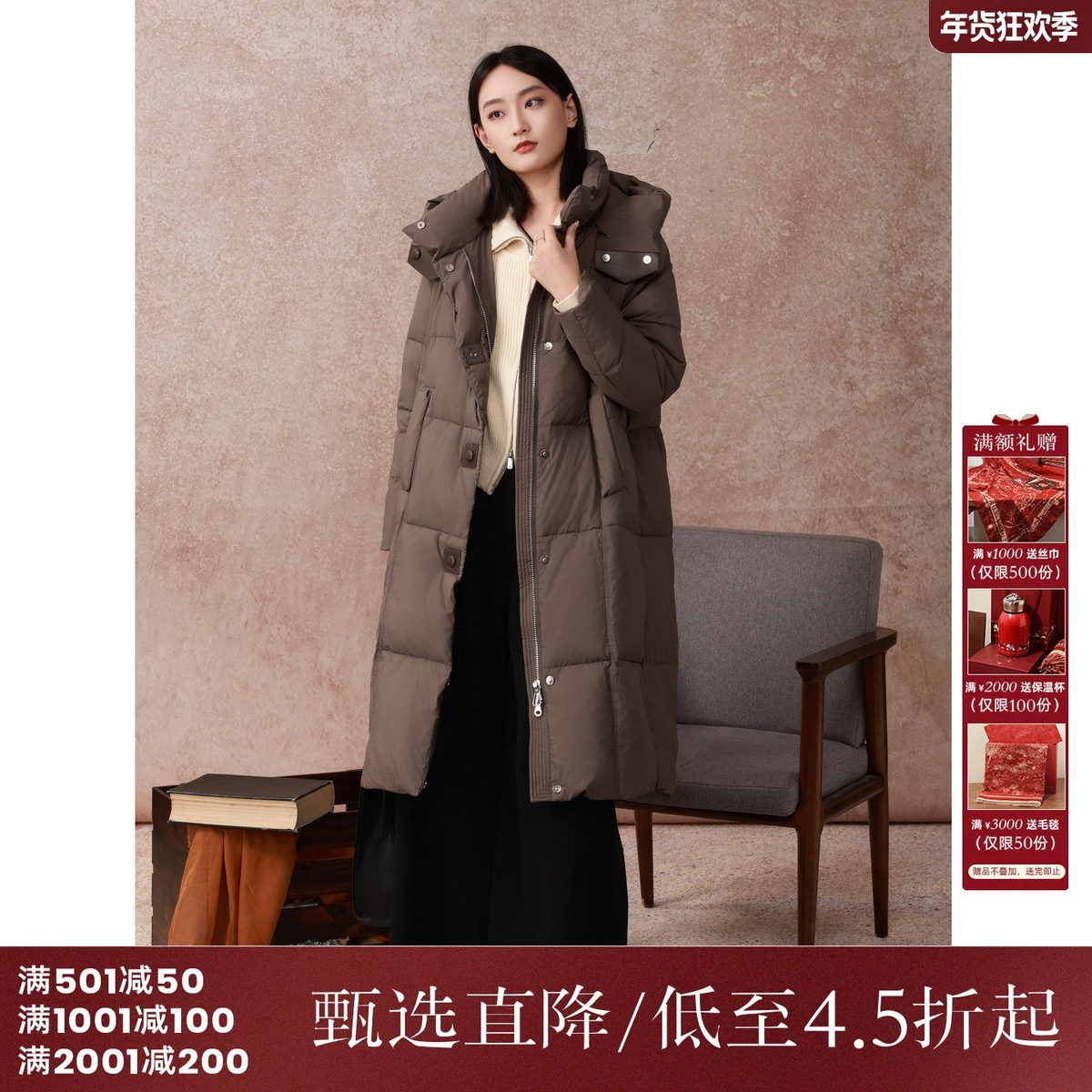 西町村屋休闲长款羽绒服女装冬季新款文艺百搭鸭绒外套XH9D10014