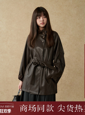 西町村屋简约外套女装2025秋季新款气质感条纹撞色皮衣XHAC10685