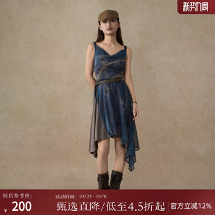 西町村屋复古不规则拼接连衣裙夏季 牛仔印花吊带裙XAAB10242 新款