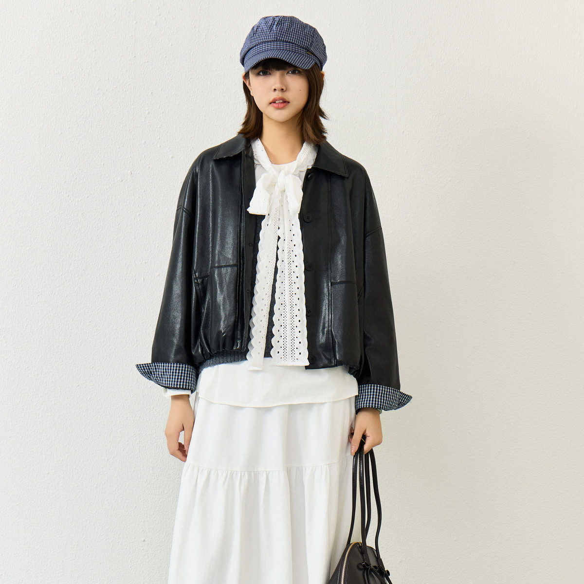 西町村屋格纹拼接皮衣女2026春新款休闲时尚感短款外套XHBA10019