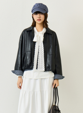 西町村屋格纹拼接皮衣女2026春新款休闲时尚感短款外套XHBA10019