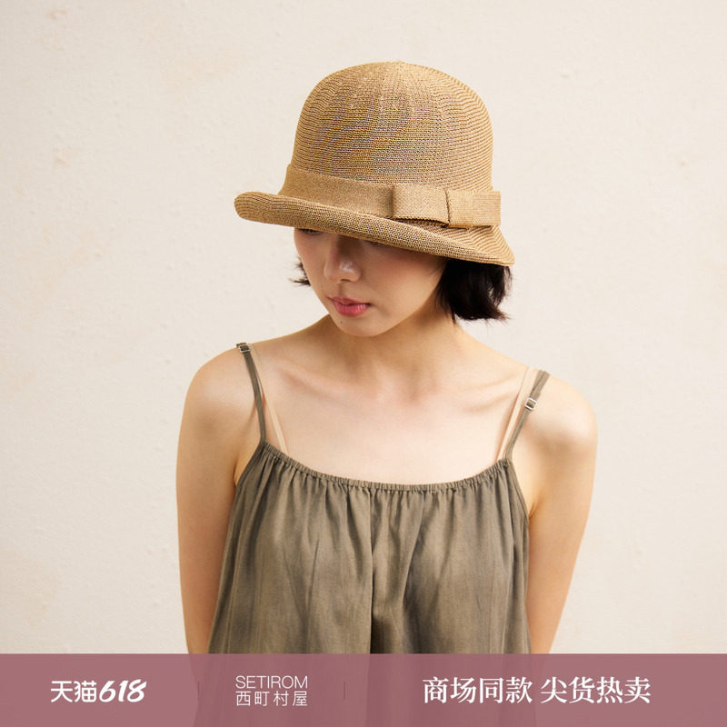 西町村屋复古草帽女夏季新款卷边蝴蝶结法式千金感帽子XHBB60038