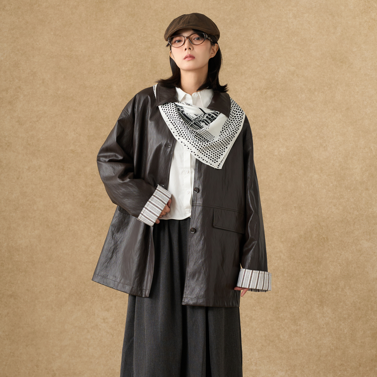 西町村屋韩系外套女装2025秋季新款简约休闲风宽松皮衣XHAC10165