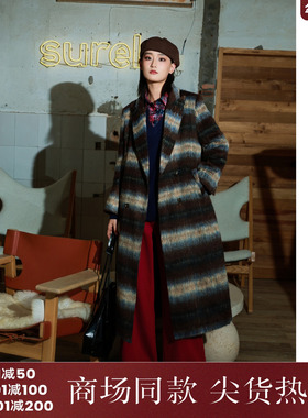 西町村屋格纹长款呢大衣女装秋冬新款气质复古百搭外套XA9D10127
