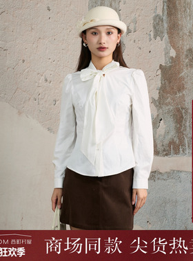 西町村屋甜美衬衣女装2025冬季新款蝴蝶结系带长袖衬衫XAAD10489