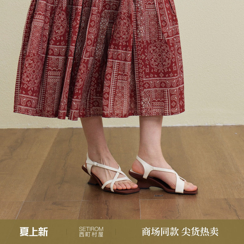 西町村屋极简风凉鞋夏季新款气质交叉细条方头中跟鞋子XABB200