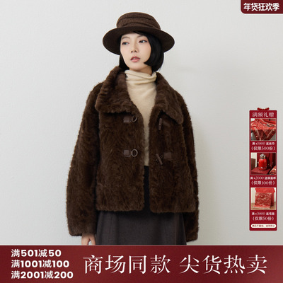 西町村屋复古毛毛外套女2025冬季新款气质翻领短款上衣XHAD10991