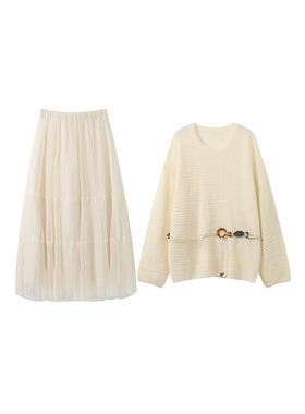 西町村屋针织衫加网纱半裙上下套2026春新款套装含腰带XXBA10516