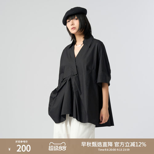 西町村屋文艺解构短袖衬衣女夏季新款简约百搭休闲衬衫XHAB10823