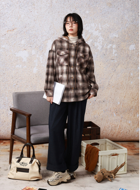 西町村屋复古格纹连帽外套女秋冬新款休闲宽松百搭上衣XH9D10078