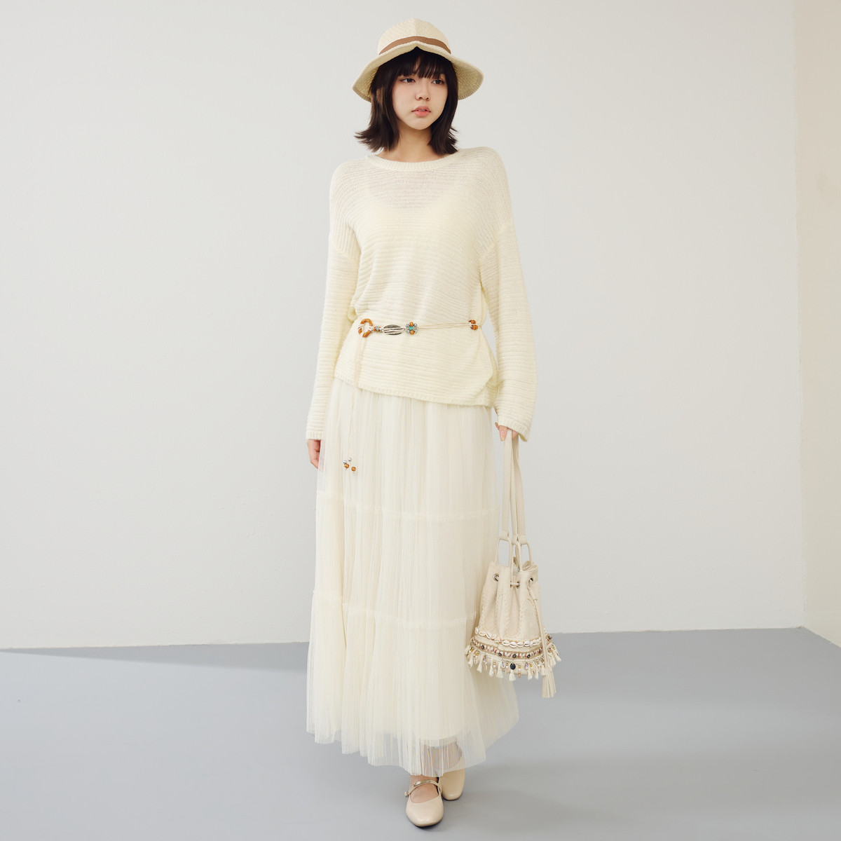 西町村屋针织衫加网纱半裙上下套2026春新款套装含腰带XXBA10516,女装/女士精品,时尚套装,淘宝优惠券,粉丝福利购,淘宝优惠卷