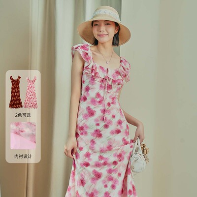 西町村屋复古印花荷叶边连衣裙女夏季新款法式长款裙子XAAB10018