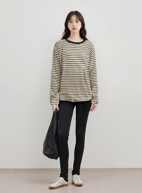 西町村屋休闲风T恤女装春季新款慵懒感条纹百搭长袖上衣XH9A10001