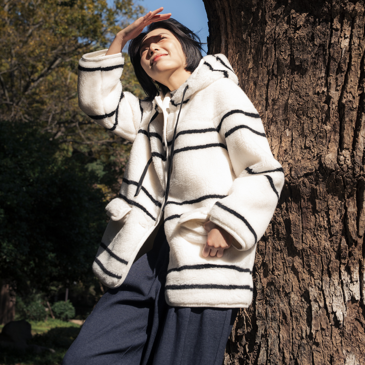 学院风条纹羊羔毛外套