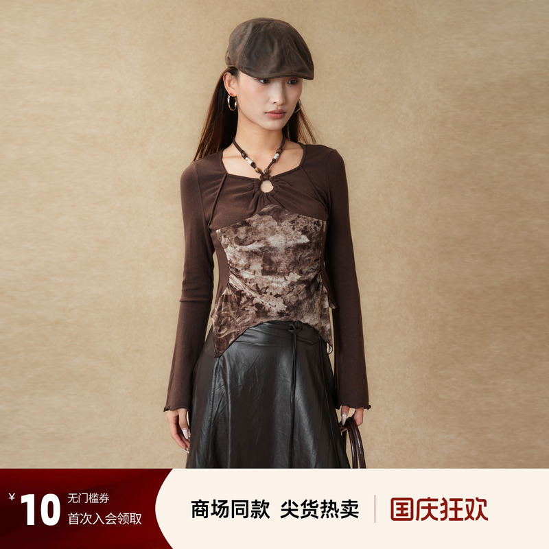 西町村屋波嬉风小衫女装2025秋季新款椰壳串珠拼接上衣XAAC10507