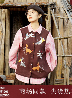 西町村屋学院风衬衫2025冬新款假两件小狗提花毛衣衬衣CAAD10562