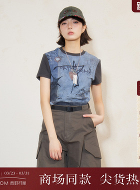 西町村屋复古风美式T恤女装2026夏季新款休闲感印花短袖XABB10056
