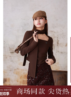 西町村屋基础方领长袖小衫女装秋冬新款复古修身围巾T恤XA9D10036