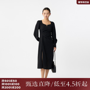 西町村屋法式方领收腰连衣裙女装2025秋气质复古裙子XX9C10057