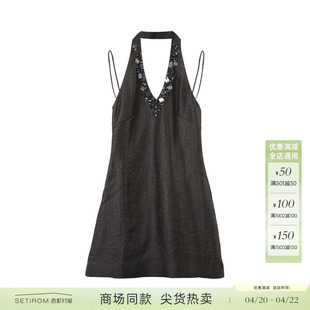 西町村屋重工钉珠挂脖连衣裙夏季新款气质无袖短款裙子AA9502015