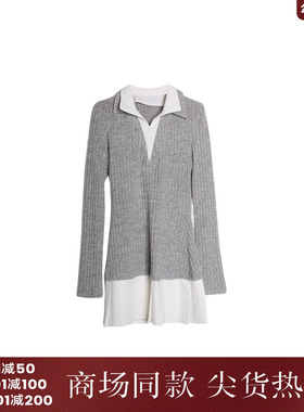 西町村屋纯欲拼接针织连衣裙女秋新款气质翻领长袖裙子XA9C10106