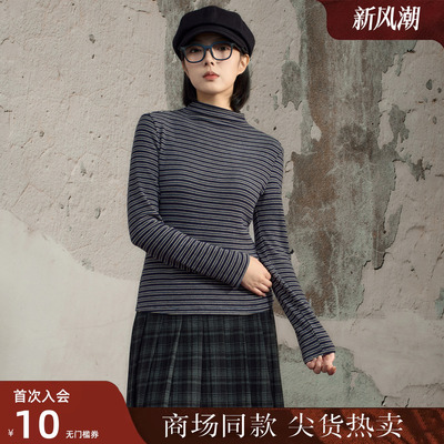 西町村屋复古打底衫女装2025冬季新款高领条纹百搭小衫XHAD10153