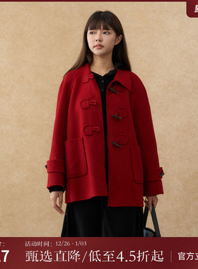 西町村屋复古红色双面呢女秋冬新款简约翻领中长款外搭AD8209012