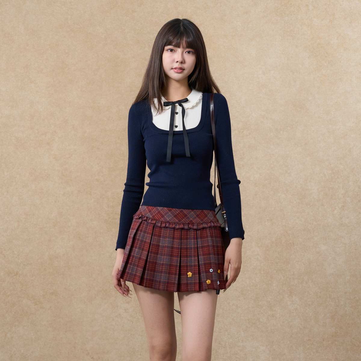 西町村屋学院风小衫女装2025冬季新款蝴蝶结拼接针织衫XAAD10119