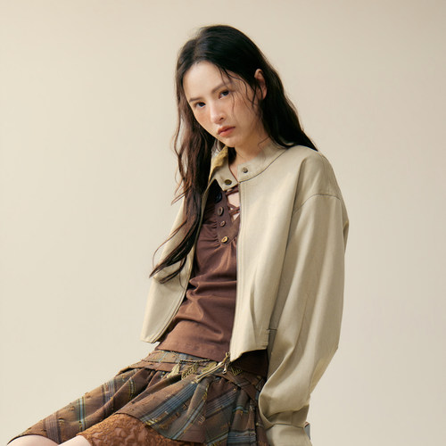 西町村屋韩版外套女装2026秋季新款复古感立领短款上衣XABC10375
