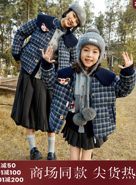 西町村屋学院风针织拼接翻领外套亲子装韩系格纹羽绒服KAAD10649