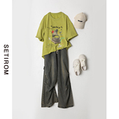 休闲宽松纯棉上衣AB9106035 新款 西町村屋复古印花短袖 T恤女夏季