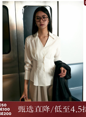 西町村屋法式衬衫女百搭春季新款复古V领收腰长袖衬衣AA9111009