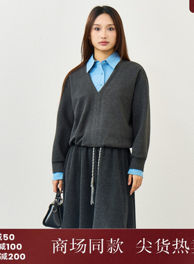 西町村屋假两件小衫女2025冬新款通勤感衬衣领拼接上衣XHAD10989