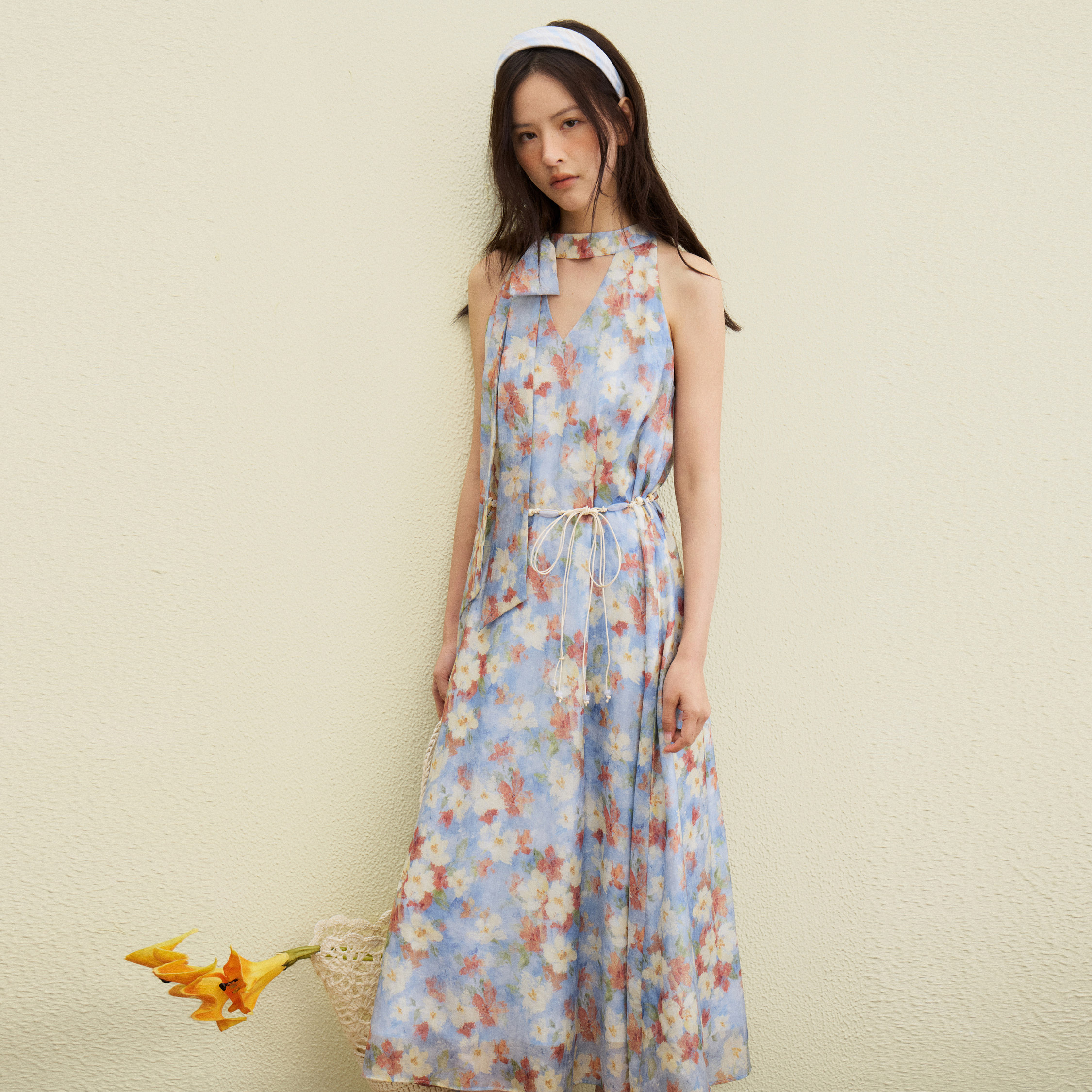西町村屋仙系晕染感蝴蝶结飘带连衣裙含腰带2026夏季女XABB1