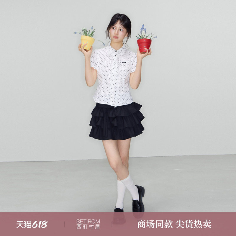 西町村屋甜美波点短袖衬衣2026夏新款可爱风衬衫含领带XABB10197