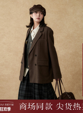 西町村屋复古风外套女装2025冬新款简约感拼接格纹西装XHAD10152